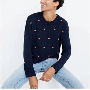 Madewell Wellesley Bobble Pullover Sweater XSNavy Orange Pom Poms‎ Fall Cotton